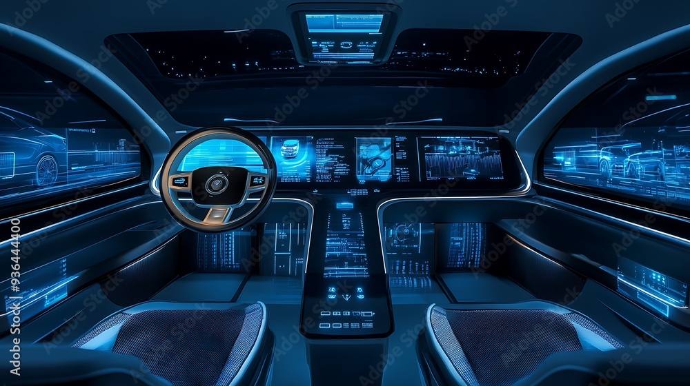 Aufkleber a high-tech autonomous vehicle testing ground with holographic simulation tracks and digital safety 
