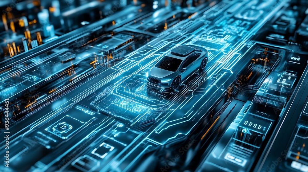 Aufkleber a high-tech autonomous vehicle testing ground with holographic simulation tracks and digital safety 