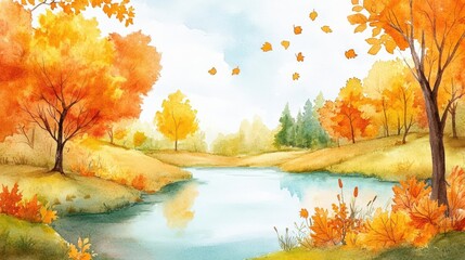 A watercolor outdoors scene in autumn, showcasing the vibrant foliage and the tranquility of leaf peeping