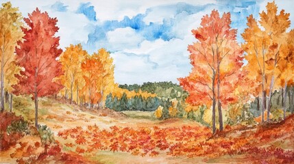 Obraz premium A watercolor painting of a seasonal autumn scene, where vibrant leaves fill the landscape, perfect for leaf peeping