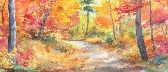 A watercolor trail in autumn, where the vibrant colors of leaves create an inviting scene for hiking and leaf peeping