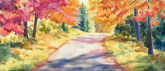 A watercolor trail in autumn, lined with vibrant foliage and inviting viewers to imagine the joy of leaf peeping along its path