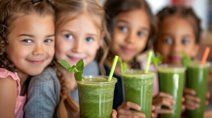 Happy Group of Diverse Multiracial Children Enjoying Healthy Green Smoothies Together - Nutrition, Wellness, Friendship. Generative ai