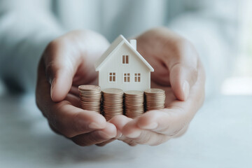 Hands on home, money. Home loan, family life insurance, financial home mortgage and inheritance investment planning concept with children. Template, poster, wallpaper  for selling real estate service.