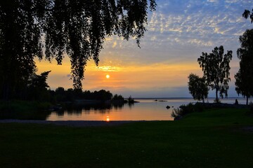 Sunset on the lake in summer