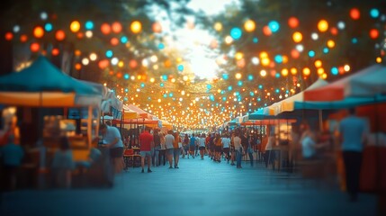Blurred Night Market with Lights and People.