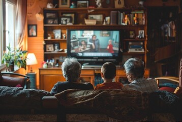 Naklejka premium Stunning high resolution photos of a friendly family relaxing on the couch in front of the TV at home. Family