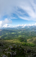 Naklejka premium Travelling by old wooden train up to Larrun or La Rhune, Larhune mountain at the western end of the Pyrenees located on border of France and Spain, in traditional Basque provinces Labourd and Navarra