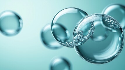 Fototapeta premium A cluster of water bubbles drifting over a blue expanse against a soft green background