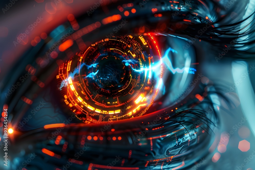 Poster futuristic cybernetic eye with glowing circuitry and digital patterns