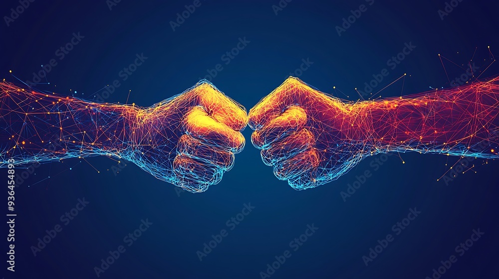 Poster two abstract fists bumping together in a web of light