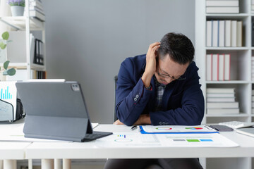 Businessman is feeling overwhelmed and stressed while analyzing charts and data in his office
