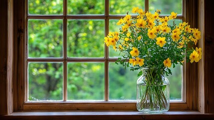   A golden vase brimming with blossoms rests atop a wooden window ledge alongside the wooden windowsill