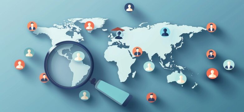 World map with magnifying glass and people icons for a global digital audience The businessman is searching or being searched by the digital crowd Generative AI