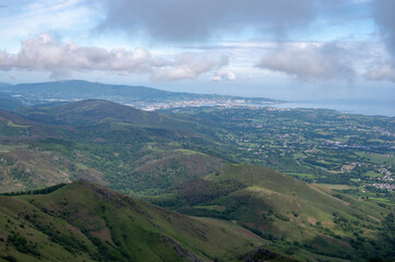 Naklejka premium Travelling by old wooden train up to Larrun or La Rhune, Larhune mountain at the western end of the Pyrenees located on border of France and Spain, in traditional Basque provinces Labourd and Navarra
