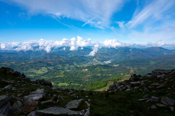 Travelling by old wooden train up to Larrun or La Rhune, Larhune mountain at the western end of the...