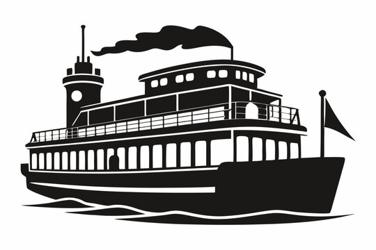 black and white ferry boat on water clip art preview