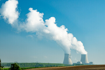 View on cooling towers of nuclear power plant thermal power station in which heat source is nuclear...
