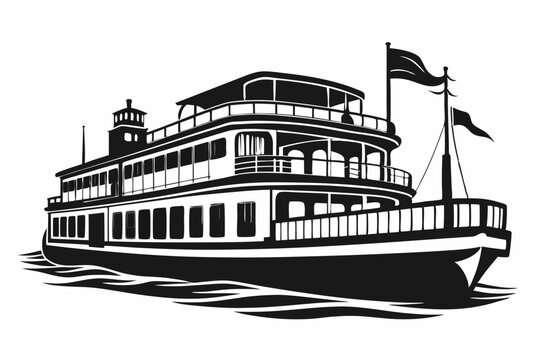 black and white ferry boat on water clip art preview