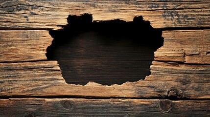 Large break center cracked hole on broken old wooden board background, 3d break though frame border for logo symbol display in grungy style.