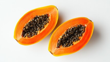   Close-up of two halves of a papaya on white surface One cut in half, other opened