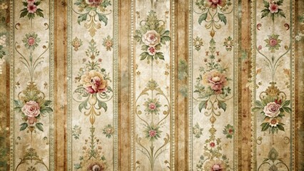 Distressed, ornate vintage wallpaper with faded florals, stripes, and geometric patterns in muted colors, evoking a nostalgic, worn, and charmingly antique atmosphere.