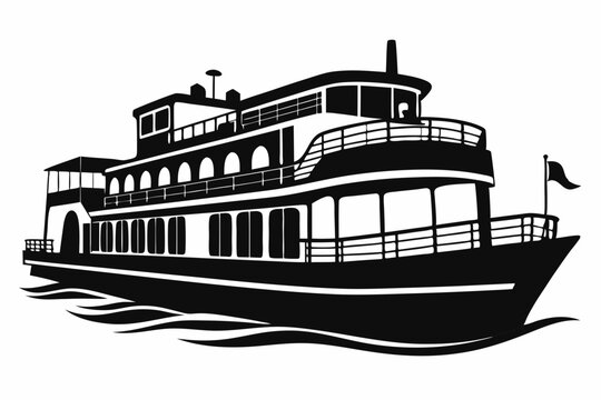 black and white ferry boat on water clip art preview