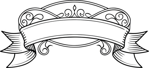 Retro banner ribbon line art illustration black and white