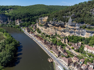 Aerial view on Dordogne river in  .La Roque-Gageac village located in Dordogne department in southwestern France