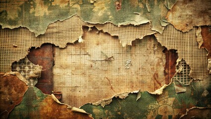 Distressed, vintage-inspired background featuring torn paper, ripped fabric, and gritty textures in muted earth tones with faded graffiti and urban decay elements.