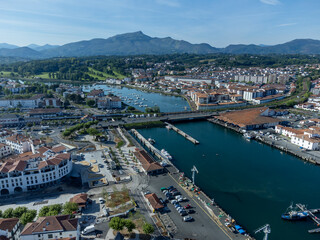 Fototapeta premium Aerial view on Ciboure and Saint Jean de Luz bay, port, sandy beach on Basque coast, beautiful architecture, nature and cuisine, South of France, Basque Country