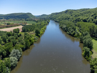 Aerial view on Dordogne river near Beynac-et-Cazenac village located in Dordogne department in...