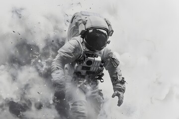 Obraz premium Astronaut Emerging from Cosmic Chaos in a Stunning Monochrome Scene