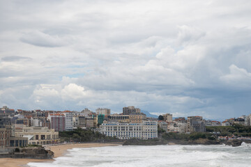 Fototapeta premium Panoramic view on cliffs, houses, sandy beaches of touristic Biarritz city, Basque Country, Bay of Biscay of Atlantic ocean, France