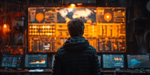 Man Observing Data Screens in a Rainy Environment