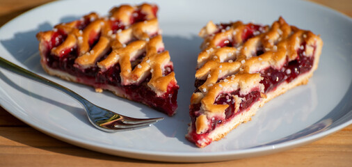 Homemade open sour cherry pie, delicious sweet dessert served in pieces outdoor in garden