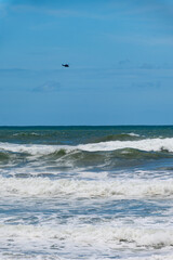 Panoramic view from Grand Plage on cliffs, houses, sandy beaches of touristic Biarritz city, Basque Country, Bay of Biscay of Atlantic ocean, France