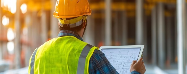 Worker in safety gear on a construction site, navigating project plans on a tablet, highlighting tech in construction