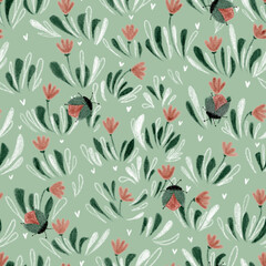 Seamless pattern with ladybug, flowers and leaves. An insect crawls among flowering plants.