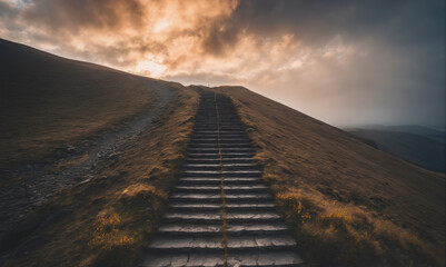 A long, winding staircase leads up a grassy hill to a cloudy sunset