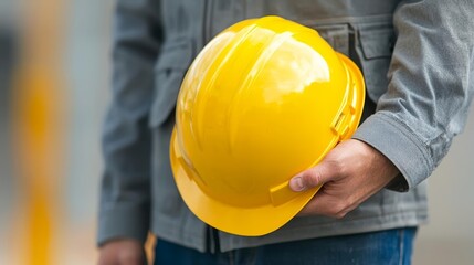 Construction worker holding a yellow hard hat, symbolizing safety and preparedness at a construction site