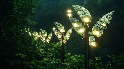 Fototapeta premium Illuminated Leaf-Shaped Streetlights in a Lush Forest at Night