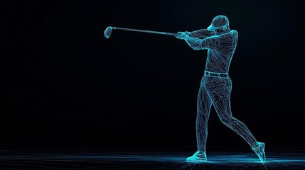 Futuristic golf swing illustration with electric blue lines, showcasing the power and technique of the game