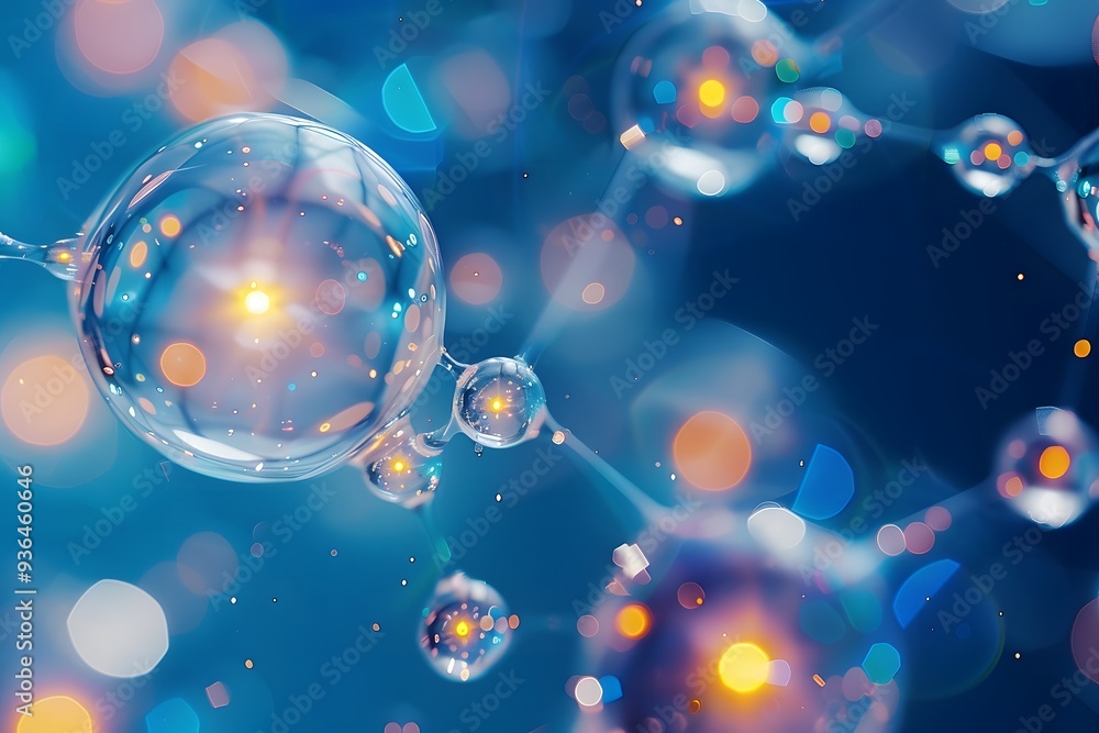 Poster abstract representation of molecular structures with glowing bubbles and light effects