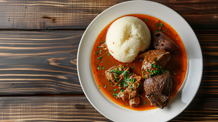 Beef stew with sadza, nshima or pap served on a white plate with thick gravy and fresh coriander garnish
