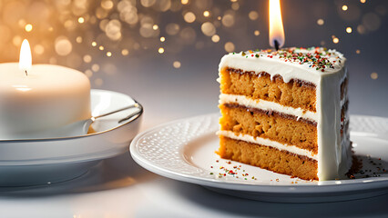 A white plate with slice cake  and bokeh background 