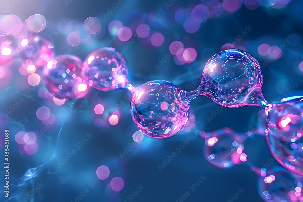 Poster stunning visualization of molecular structures with colorful bubbles and light effects