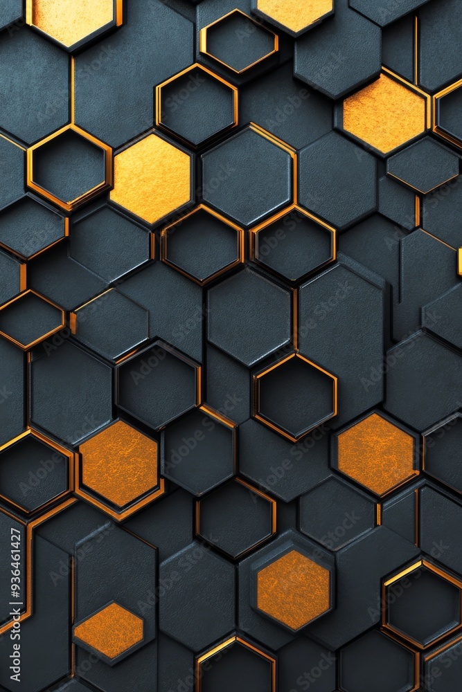 Poster Textured hexagonal pattern with dark background and golden accents in modern design