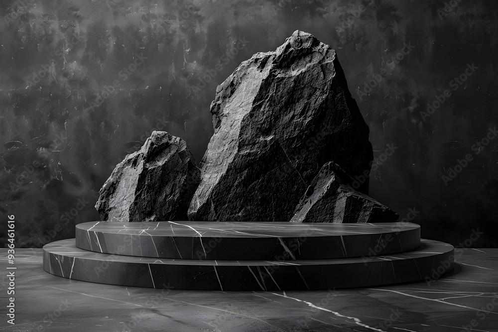 Poster modern minimalist display with textured rocks and circular platforms