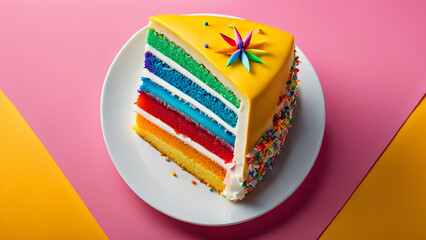 Slice of rainbow Cake on a plate with pink background 